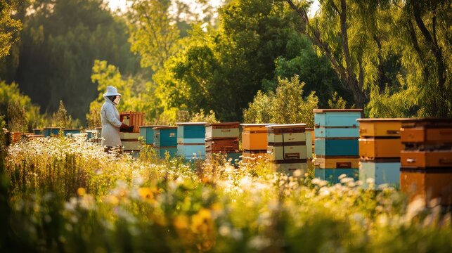 Beekeeper in protective suit tending to colorful beehives in sunlit meadow Solitary beekeeper wearing white suit and hat inspects  row of stacked beehives amidst field of wildflowers and lush greenery