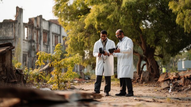 Scientists assess damage in disaster-stricken area with advanced equipment. Men in lab coats examine electronic devices amidst ruins of building suggesting post-disaster assessment or research mission