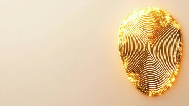 Golden glowing fingerprint on beige background highlighting biometric security