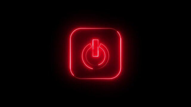 Glowing neon red color power button icon animation technology shutdown screen turn on off button stop startup computer and mobile phone electric futuristic on black background