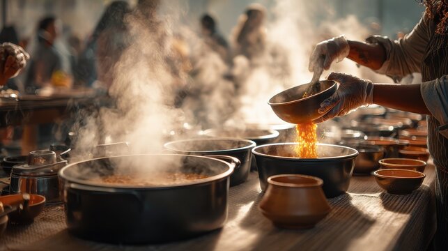 Volunteers serve hot meals to people in need during humanitarian crisis relief effort Hands in gloves carefully ladle steaming food into bowls for distribution community support during difficult times