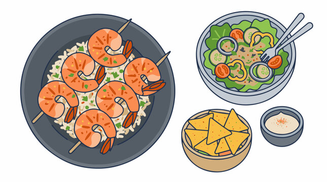 A vibrant illustration of four distinct dishes on a plain white background