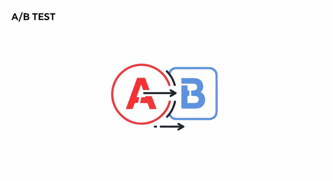Graphic depicting an A/B test with red 'A' in a circle and blue 'B' in a rounded square