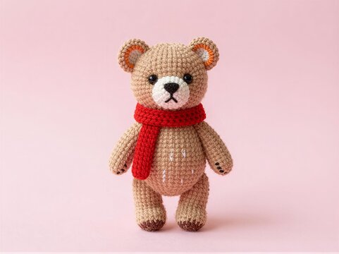 Handmade Crochet Teddy Bear with Red Scarf, Cute Knitted Amigurumi Plush Toy for Kids and Adults