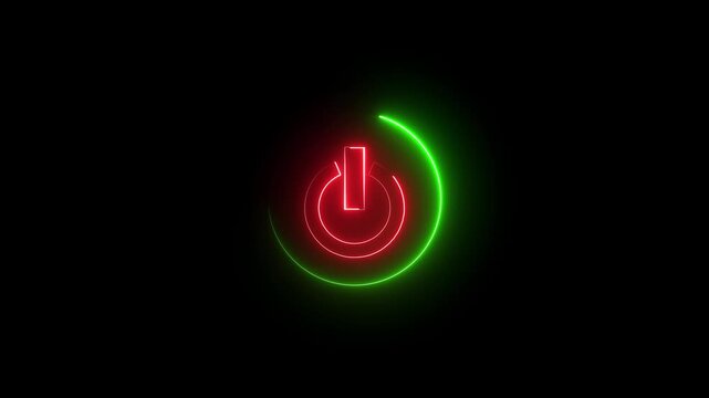 Glowing neon red and green color power button icon animation technology shutdown screen turn on off button stop startup computer and mobile phone electric futuristic on black background