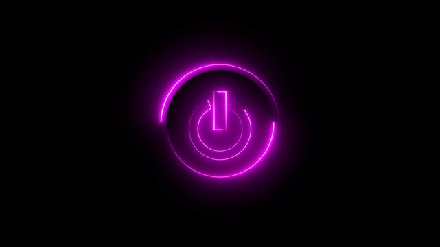Glowing neon pink color power button icon animation technology shutdown screen turn on off button stop startup computer and mobile phone electric futuristic on black background
