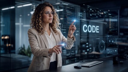 Fototapeta premium Professional female software developer interacts with a futuristic digital interface displaying complex code and data visualizations in a modern office setting.