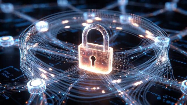 Glowing padlock over flowing data lines in digital style on dark tech background, concept of cybersecurity and protection