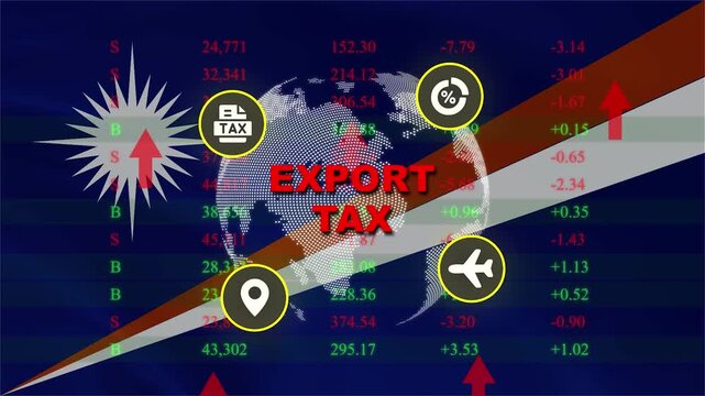 Export Tax Dynamics: A dynamic infographic illustrating the global impact of export taxes, with a world map, financial data, and iconic symbols representing trade and travel.