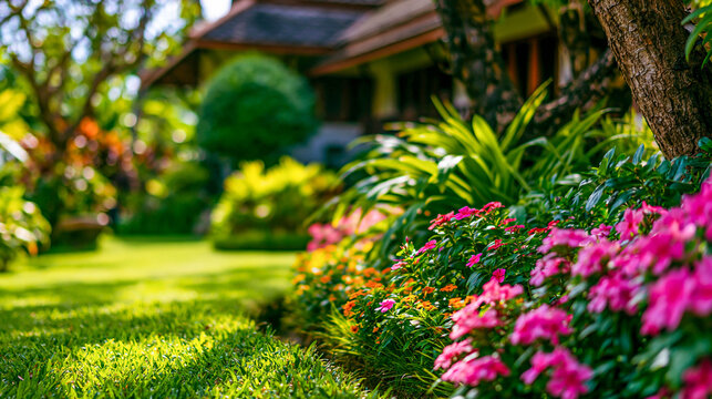 A garden bed with pink and orange flowers in the background of a trimmed lawn and blurred trees and houses. A garden scene for landscape design, landscaping, and a cozy country interior.