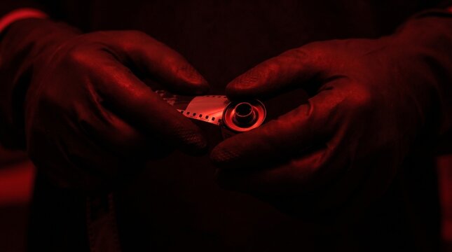 An investigator wearing protective dark gloves carefully extracts or inspects a 35mm photographic film negative canister under the dim, intense crimson glow of a darkroom safety lamp.