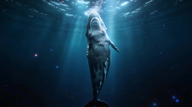 giant sperm whale hovering vertically at rest in deep indigo ocean perfect for World Whale and Dolphin Day