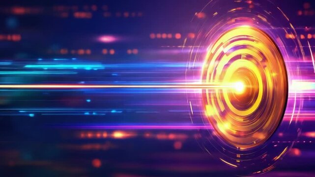 Golden ring data stream and laser beam tunnel with hi-tech effect, data processing concept for technology, innovation, cyberspace and digital transformation