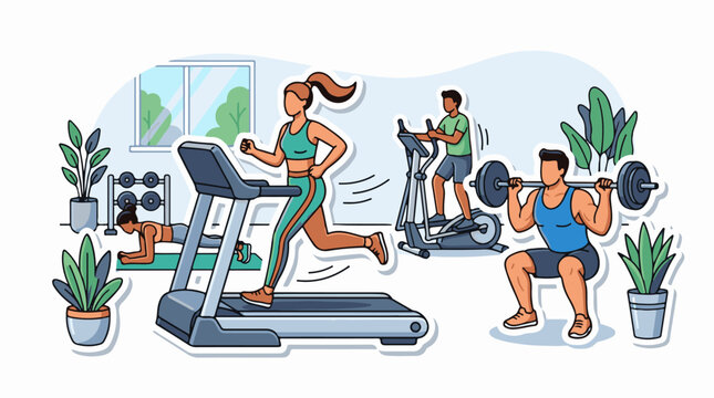 A vibrant gym scene with people exercising on various equipment