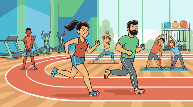 A vibrant gym scene with people running, stretching, and exercising on various equipment