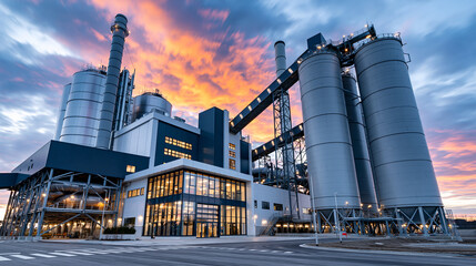 Fototapeta premium A massive modernized biomass energy generation facility with tall smooth cylindrical biomass storage silos, covered enclosed feed conveyor structures, and a sleek modern boiler bui