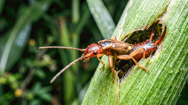 Macro earwig exploring a hole in corn plant during night