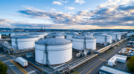 Obraz premium A wide, uncluttered shot of a massive, unbranded industrial fuel tank farm, clean and orderly. The geometric repetition is striking. natural daylight, professional energy infrastru