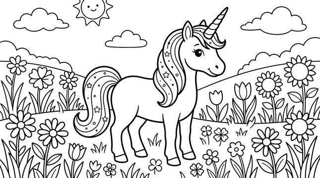 Cute unicorn in a flower meadow with a smiling sun and clouds, black and white line art coloring page for kids.