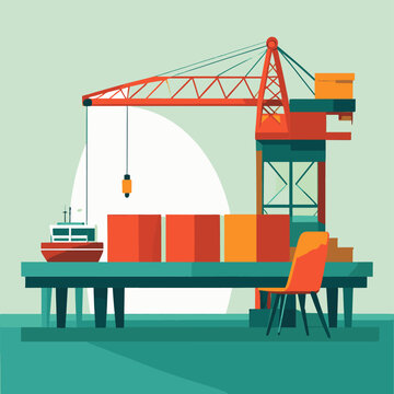 A vibrant graphic illustration of a loading dock with cargo containers, a crane, and a ship
