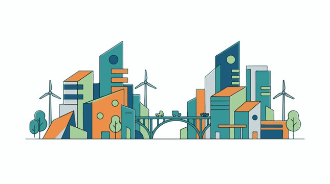 A vibrant futuristic cityscape with sleek skyscrapers, wind turbines, and a bridge