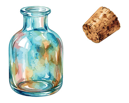 Glass bottle vector illustration medicine jar cork stopper watercolor container chemical glassware.