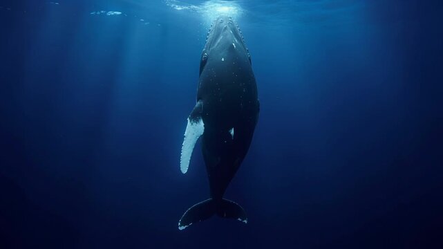 giant sperm whale hovering vertically at rest in deep indigo ocean perfect for World Whale and Dolphin Day