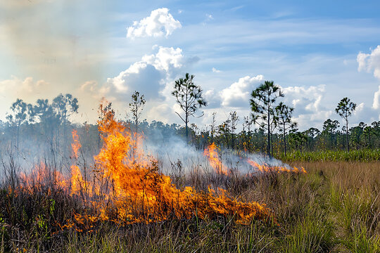 Controlled Wildfire Burning Through Dry Grassland with Smoke and Pine Trees.