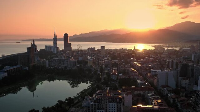 Aerial view of Batumi Georgia, modern city skyline and Black Sea coast