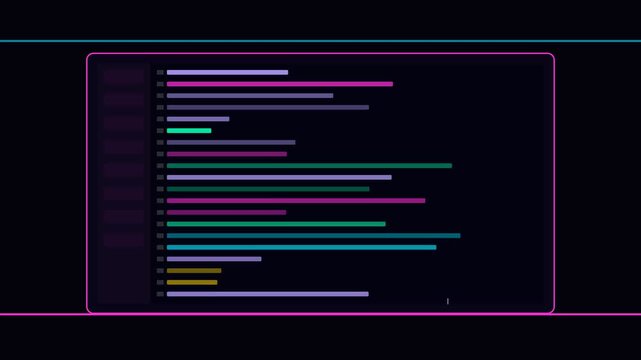 Neon digital data interface with dynamic bar graph visualization and abstract ui animation