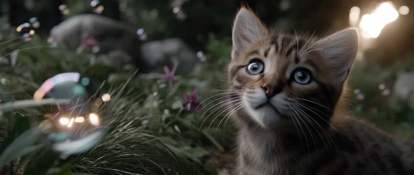 Cute kitten watches bubbles in the garden during a sunny day with flowers and grass surrounding it
