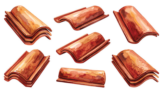 Set of realistic terracotta clay roof tiles for residential building construction work vector illustration.