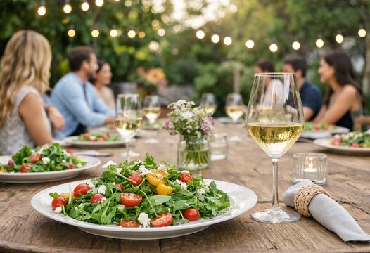 Outdoor dining table set for family gathering featuring colorful salads, refreshing drinks, elegant glassware, greenery, decorative lights, creating a warm summer celebration atmosphere scene setting