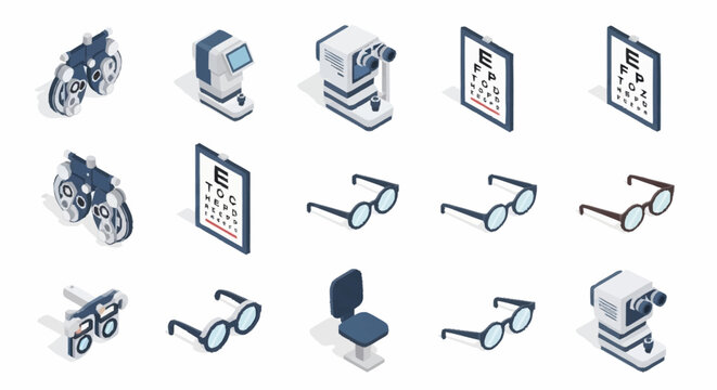 Collection of isometric icons representing optometry equipment and vision testing tools.