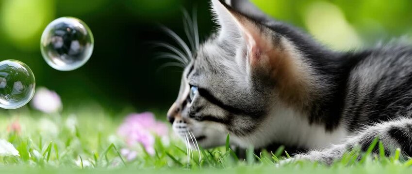 Kitten plays with bubbles in a green garden under sunlight during summer afternoon