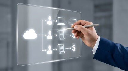 Obraz premium Businessman interacting with cloud workflow diagram on transparent screen