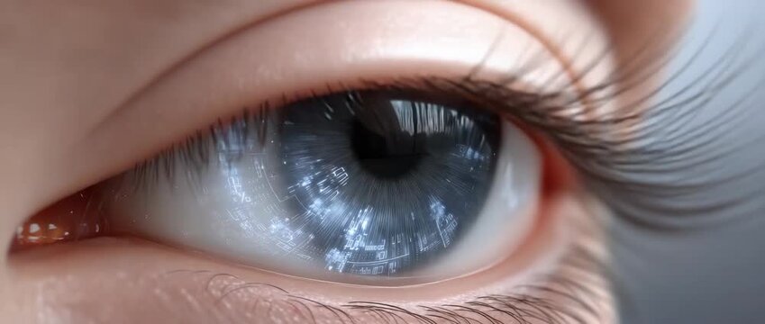 Close look at a digital eye design showing technology reflecting various data points inside the iris
