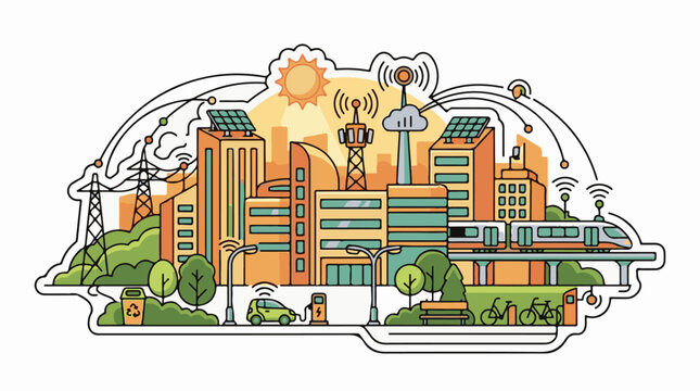 A vibrant cityscape with green spaces, solar panels, and sustainable infrastructure