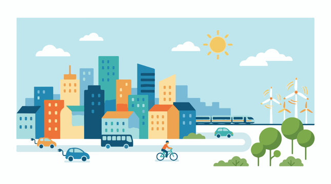A vibrant cityscape with eco-friendly transportation and renewable energy sources