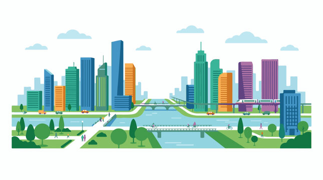 A vibrant cityscape with colorful buildings, green spaces, and a river