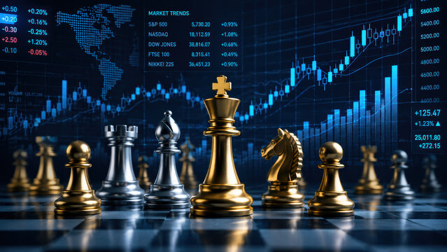 Gold and silver chess pieces on a board against a blue digital stock market graph