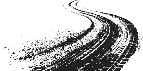 Winding Tire Track Texture with Distressed Grunge Details Curved Motion Lines and Automotive Vector Background Element. © FADED REBEL