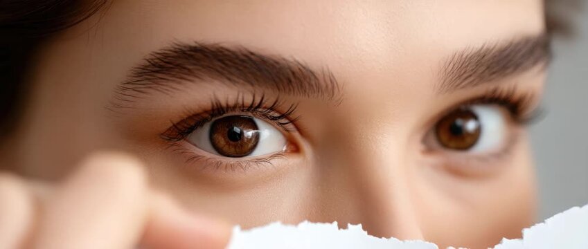 Close-up of a person's eyes showing curiosity while holding a piece of paper in a bright indoor setting