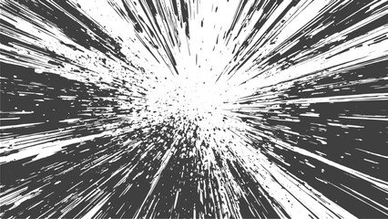 Obraz premium Black Ink Explosion Starburst Texture with Grunge Splatter Effects Dynamic Radial Burst and Clean White Background Design.