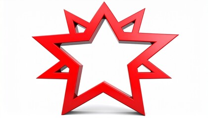 Obraz premium Three-dimensional layered red star with multiple pointed edges, glossy surface on white background, symbolizing geometric symmetry, bold design, and striking visual contrast in artistic expression.