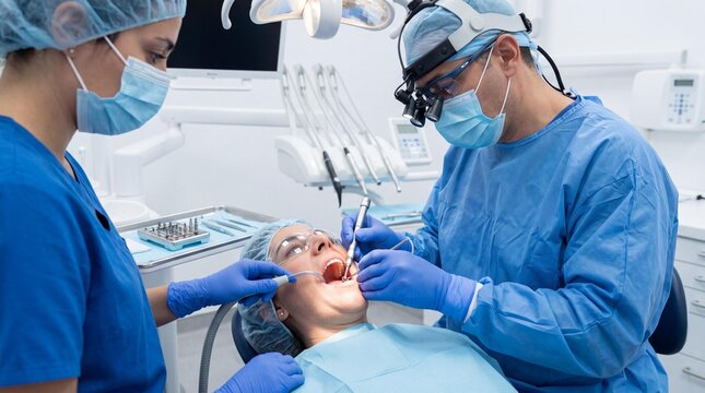 Dentist and assistant performing dental implant oral surgery in modern clinic