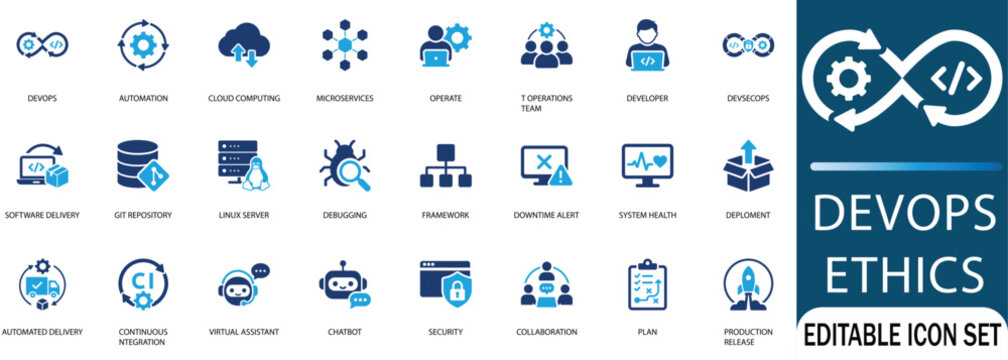 DevOps and software development icon set featuring cloud computing, automation, security, CI/CD, and IT operations infrastructure linear blue vector icons.