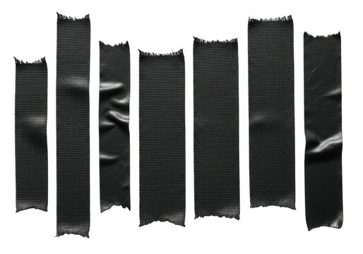 Torn black gaffer tape strips arranged in a pattern with frayed edges isolated on transparent background