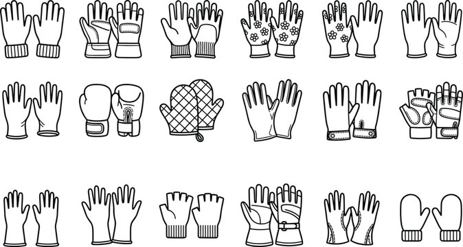 Protective gloves outline icon collection featuring work safety winter sports kitchen and industrial handwear vector set
