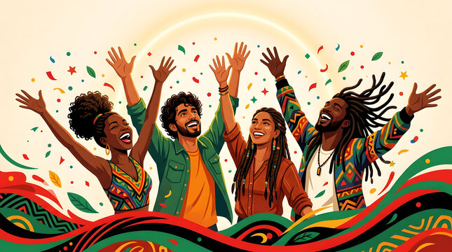 Juneteenth celebration with joyful people cheering and confetti